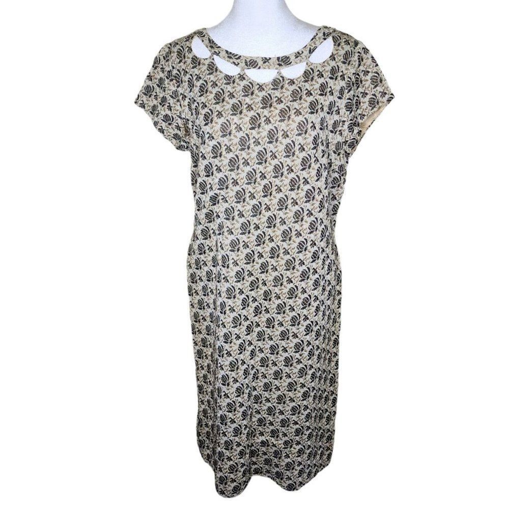 Vintage 60s Shift Dress Cap Sleeve Womens Size L Gold Black Cage Cut Out Mod